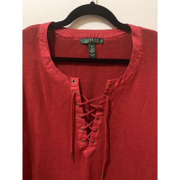Lauren Ralph Lauren 3X Red Cotton Top Lace Up Crew Neck Long Sleeve Tunic Blouse - Picture 2 of 11